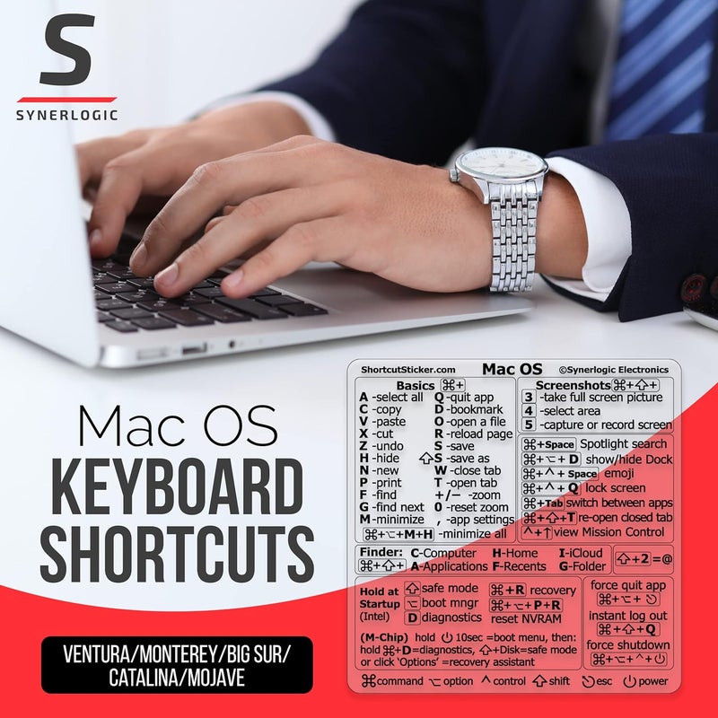 Synerlogic (10pcs) Mac OS Shortcuts Sticker | Keyboard Stickers for macOS | Laminated Vinyl MacBook Cheatsheet for Laptop | MacBook Shortcuts 2025 (Clear/Black/10pk) - Image 2
